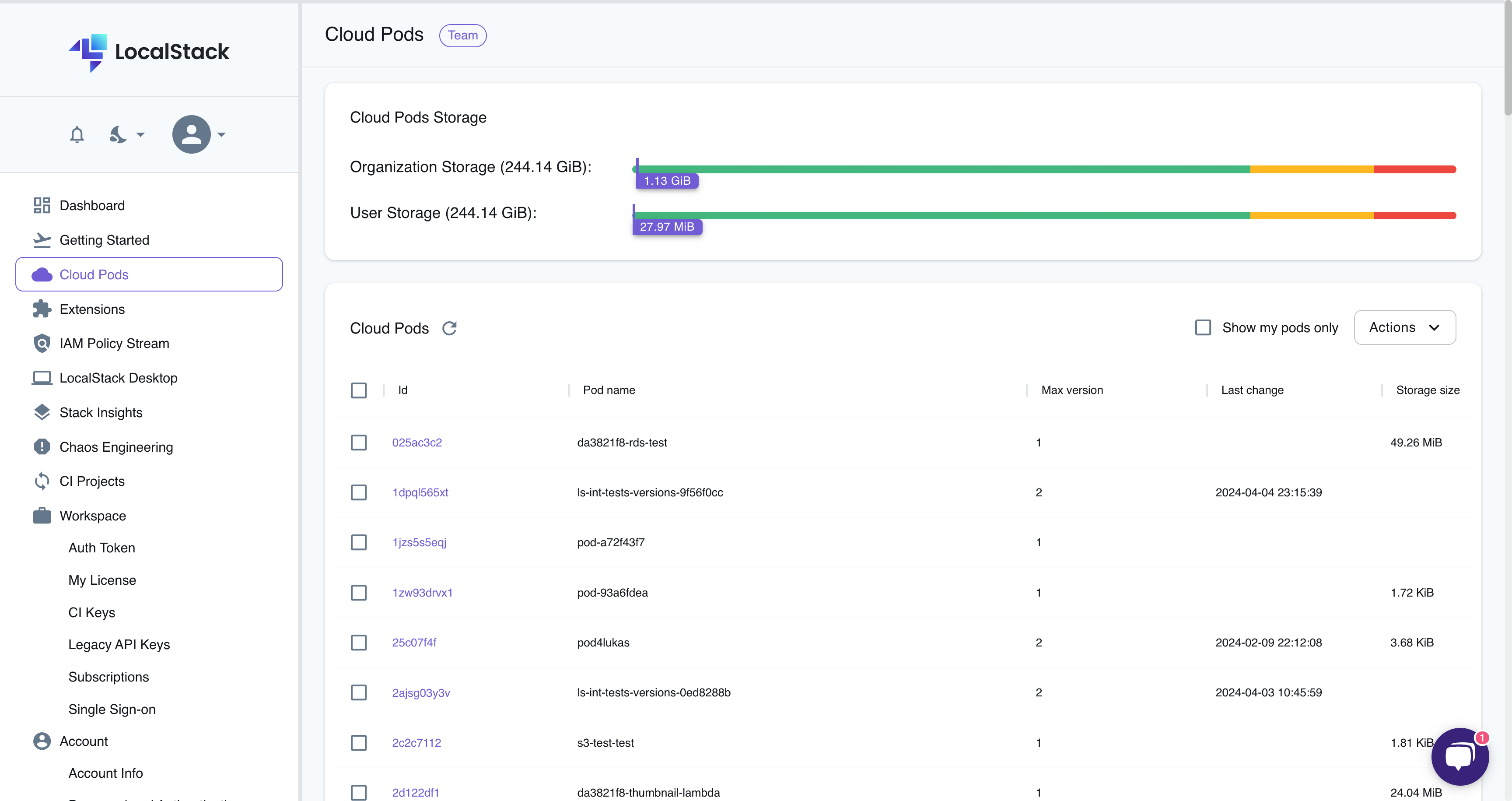LocalStack Web Application’s Cloud Pods Browser outlining various saved Clod Pods“ title=“Cloud Pods Browser